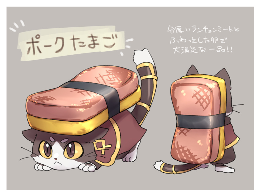 1boy, :<, all_fours, animal_ears, barefoot, border, brown_capelet, brown_eyes, brown_pants, capelet, cat_boy, cat_ears, cat_tail, closed_mouth, colored_sclera, commentary_request, food, full_body, furry, furry_male, grey_background, highres, male_focus, multiple_views, omelet, pants, ragnarok_online, rouko605, simple_background, spam_(food), summoner_(ragnarok_online), tail, tamagoyaki, thick_eyebrows, translation_request, white_border, yellow_sclera