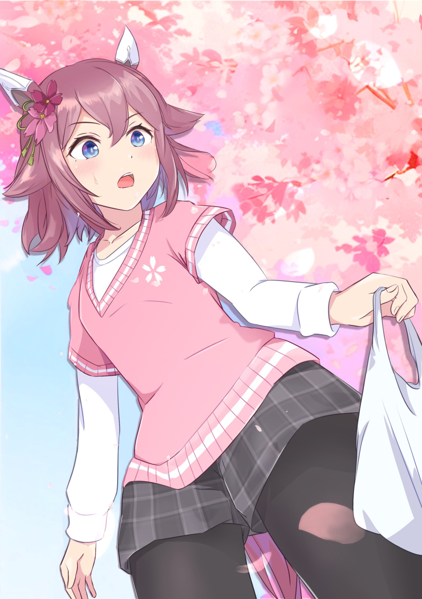 1girl, absurdres, animal_ears, bag, black_pantyhose, blue_eyes, blush, casual