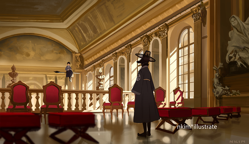 1boy, 1girl, armchair, artist_name, black_footwear, black_hair, black_headwear, black_skirt, blue_robe, blue_sleeves, boots, broom, broom_riding, chair, commentary, day, dog_boy, english_commentary, face-to-face, flying, full_body, furry, furry_male, hands_on_lap, haori, hat, indoors, japanese_clothes, long_skirt, long_sleeves, looking_at_another, museum, nadia_kim, original, pointy_footwear, purple_shirt, purple_sleeves, railing, reflective_floor, robe, see-through_headwear, shirt, shoes, short_hair, signature, skirt, snout, statue, sunlight, table, top_hat, watermark, wide_sleeves
