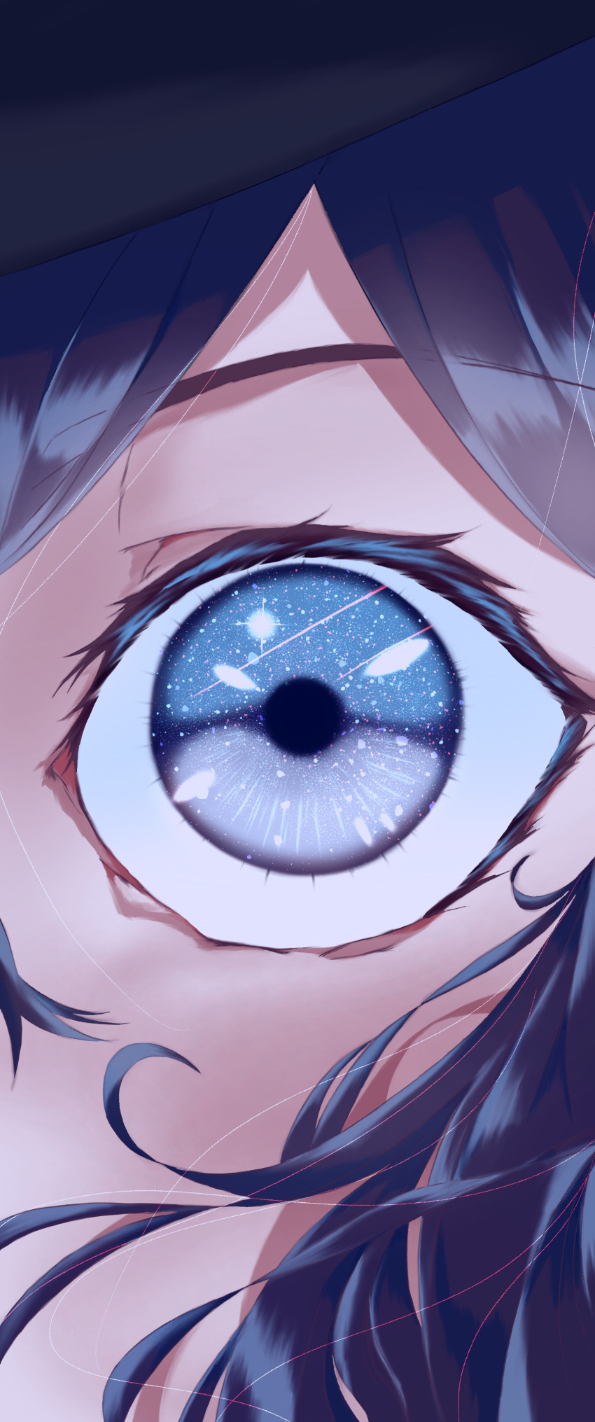 1girl, absurdres, black_eyes, black_hair, black_headwear, close-up, commentary, eye_focus