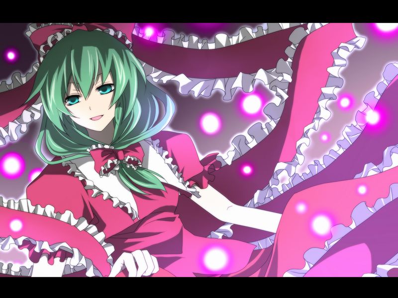 danmaku, dress, frills, green_eyes, green_hair, hair_bow, hair_ribbon, kagiyama_hina