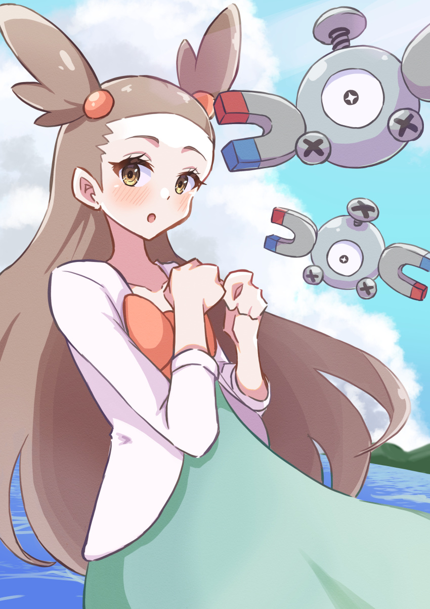 :o, absurdres, bow, brown_eyes, brown_hair, clouds, cloudy_sky, collarbone, dress, eyelashes, green_dress, highres, jasmine_(pokemon), long_hair, looking_at_viewer, magnemite, open_mouth, piyo_to_game, pokemon, pokemon_(creature), pokemon_hgss, sky, sleeves_past_elbows, very_long_hair, water