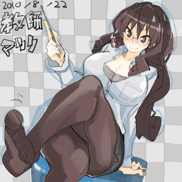 brown_hair, cleavage, crossed_legs, feet, foreshortening, glasses, large_breasts, long_hair