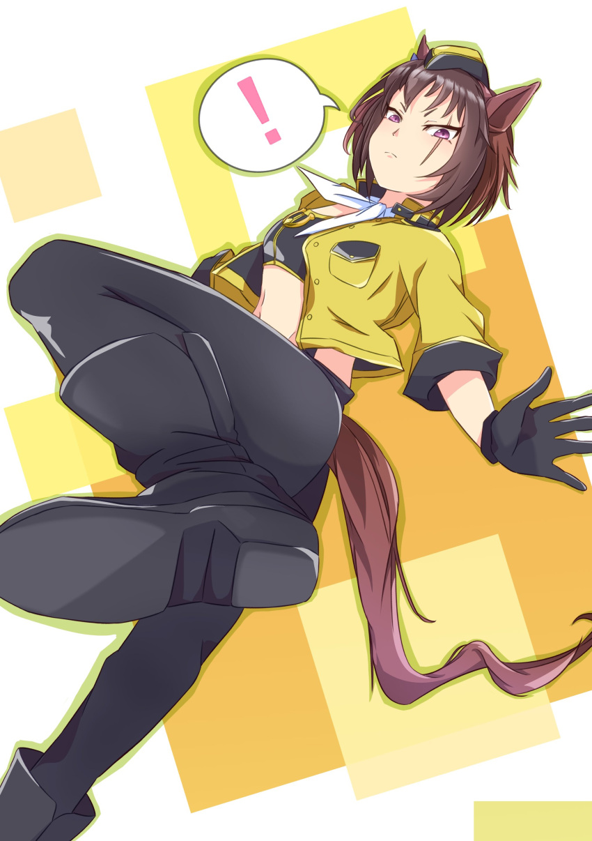 !, 1girl, absurdres, animal_ears, black_footwear, black_gloves, black_pants, brown_hair