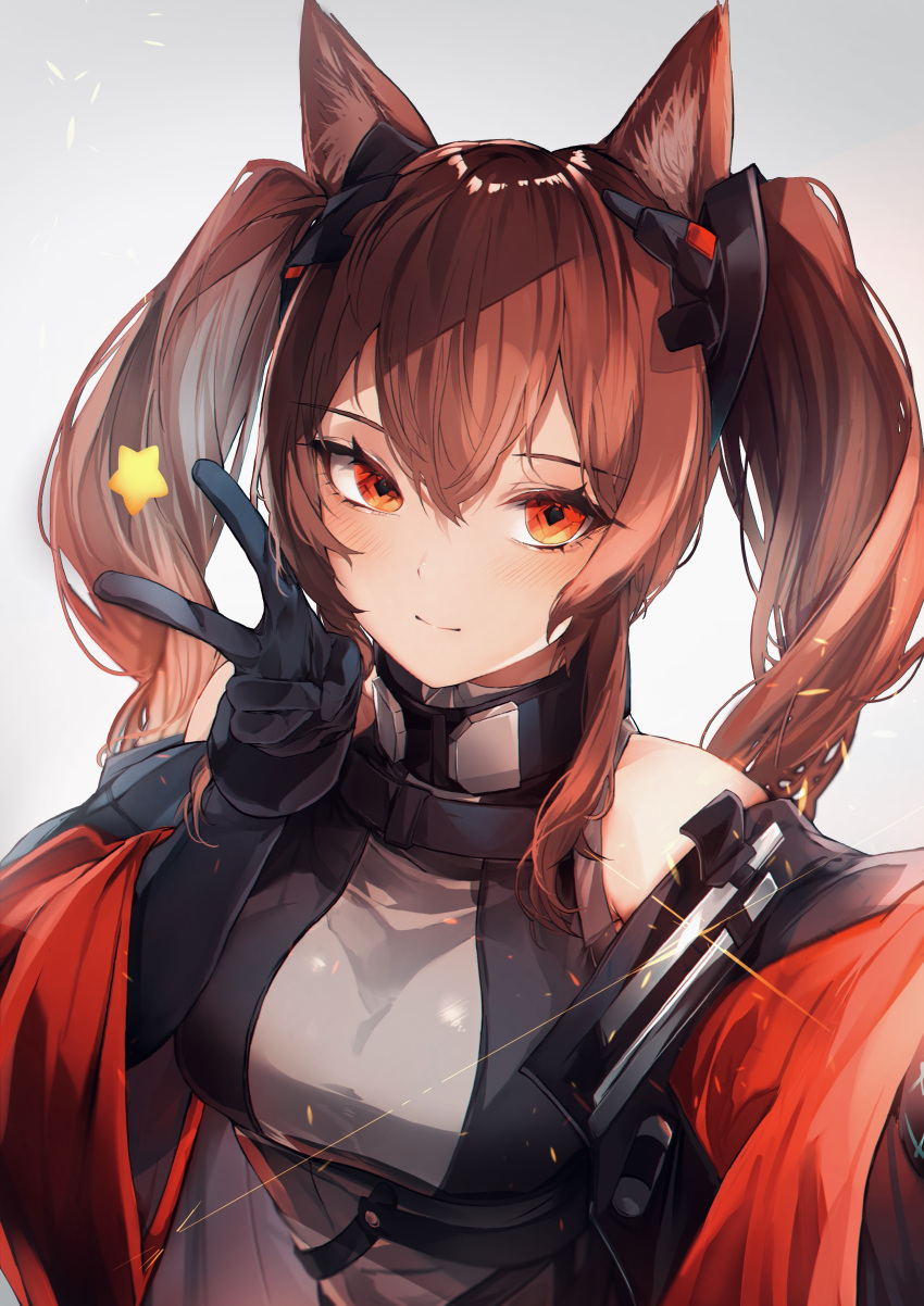 1girl, absurdres, angelina_(arknights), angelina_(endfield)_(arknights), animal_ears, arknights, bare_shoulders, black_gloves, breasts, brown_hair, fox_ears, gloves, hairband, hamaguri-san_(hamagur69200744), highres, holding, jacket, long_hair, long_sleeves, looking_at_viewer, official_alternate_costume, open_clothes, red_eyes, red_hairband, shirt, simple_background, smile, solo, star_(symbol), twintails, v, white_background