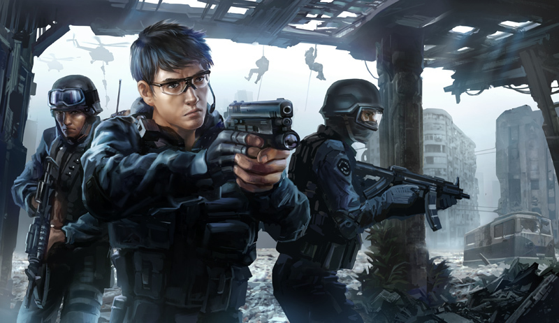 beretta_92, chenkai010, cityscape, fingerless_gloves, gloves, goggles, gun, h&amp;k_mp5k