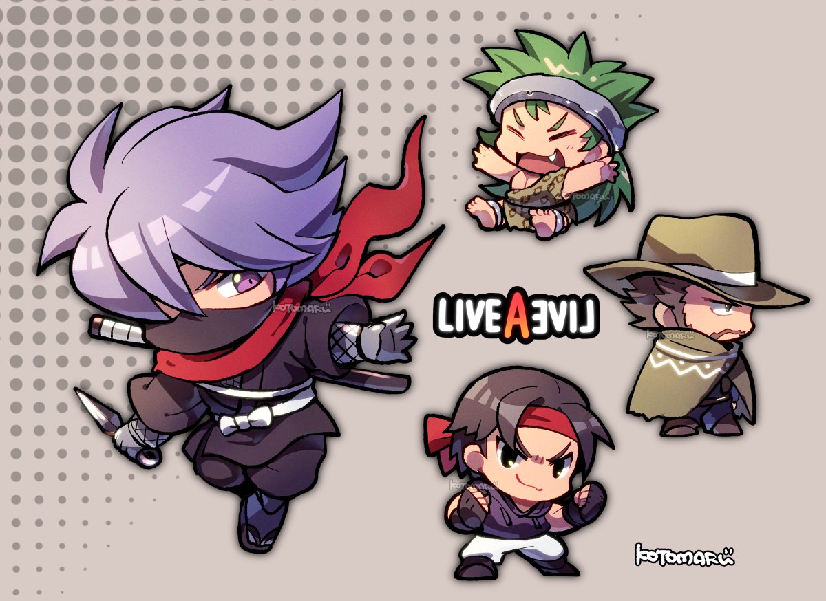 4boys, black_eyes, chibi, clenched_hands, closed_mouth, copyright_name, cowboy_hat, fang