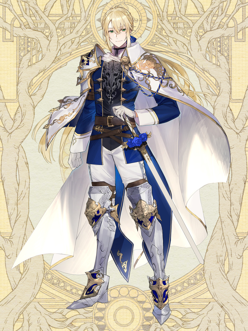 1boy, aiguillette, ame_tyaya, armor, armored_boots, belt, belt_buckle, black_tunic, black_undershirt, blonde_hair, blue_jacket, blue_ribbon, boots, braid, brown_belt, buckle, cape, clenched_hand, closed_mouth, cross, cross_necklace, dairoku_ryouhei, elche_non, floral_print, flower_ornament, french_braid, full_body, gloves, gold_trim, greaves, green_eyes, hair_between_eyes, hair_ribbon, hand_on_hilt, highres, jacket, jewelry, knight, latin_cross, legs_apart, long_hair, long_sleeves, looking_at_viewer, low_ponytail, male_focus, necklace, pants, pauldrons, poleyn, ribbon, rose_print, sheath, sheathed, shoulder_armor, single_pauldron, sleeve_cuffs, smile, solo, standing, sword, tailcoat, tunic, turtleneck, weapon, white_cape, white_gloves, white_pants