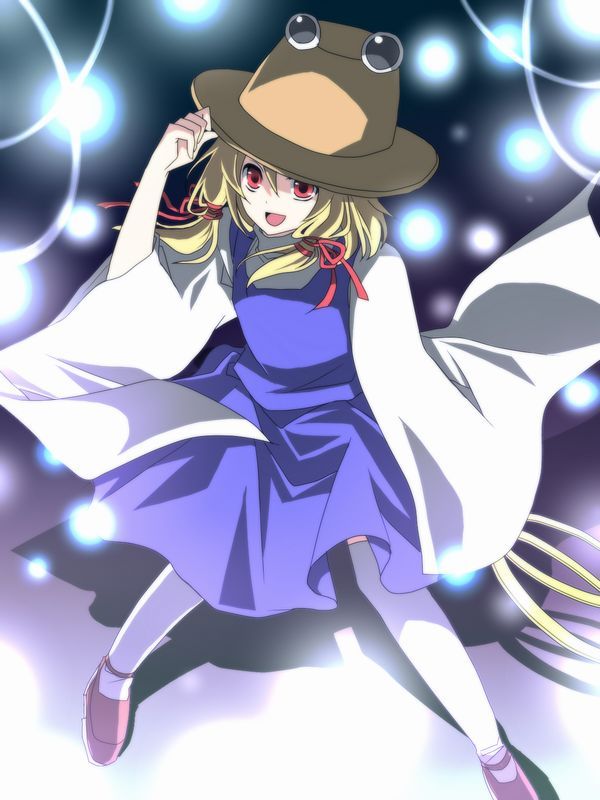 bad_id, blonde_hair, danmaku, dress, hair_ribbon, hat, moriya_suwako, red_eyes