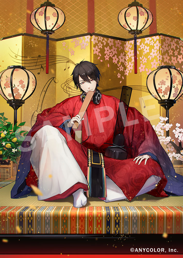 1boy, black_hair, black_headwear, blurry, bonsai, cherry_blossoms, copyright_notice, depth_of_field, falling_petals, floral_print, flower, folding_screen, food, fruit, full_body, hair_between_eyes, hat, head_tilt, headphones, headphones_around_neck, holding, holding_scepter, indoors, iwato1712, japanese_clothes, knee_up, lamp, lantern, lemon, looking_at_viewer, male_focus, musical_note, musical_note_print, nijisanji, official_art, pants, patterned_clothing, petals, pink_flower, plant, potted_plant, red_eyes, red_robe, robe, sample_watermark, scepter, short_hair, sitting, smile, socks, sokutai, solo, tabi, tatami, tate_eboshi, unworn_hat, unworn_headwear, virtual_youtuber, watermark, white_flower, white_pants, white_socks, wide_sleeves, yumeoi_kakeru