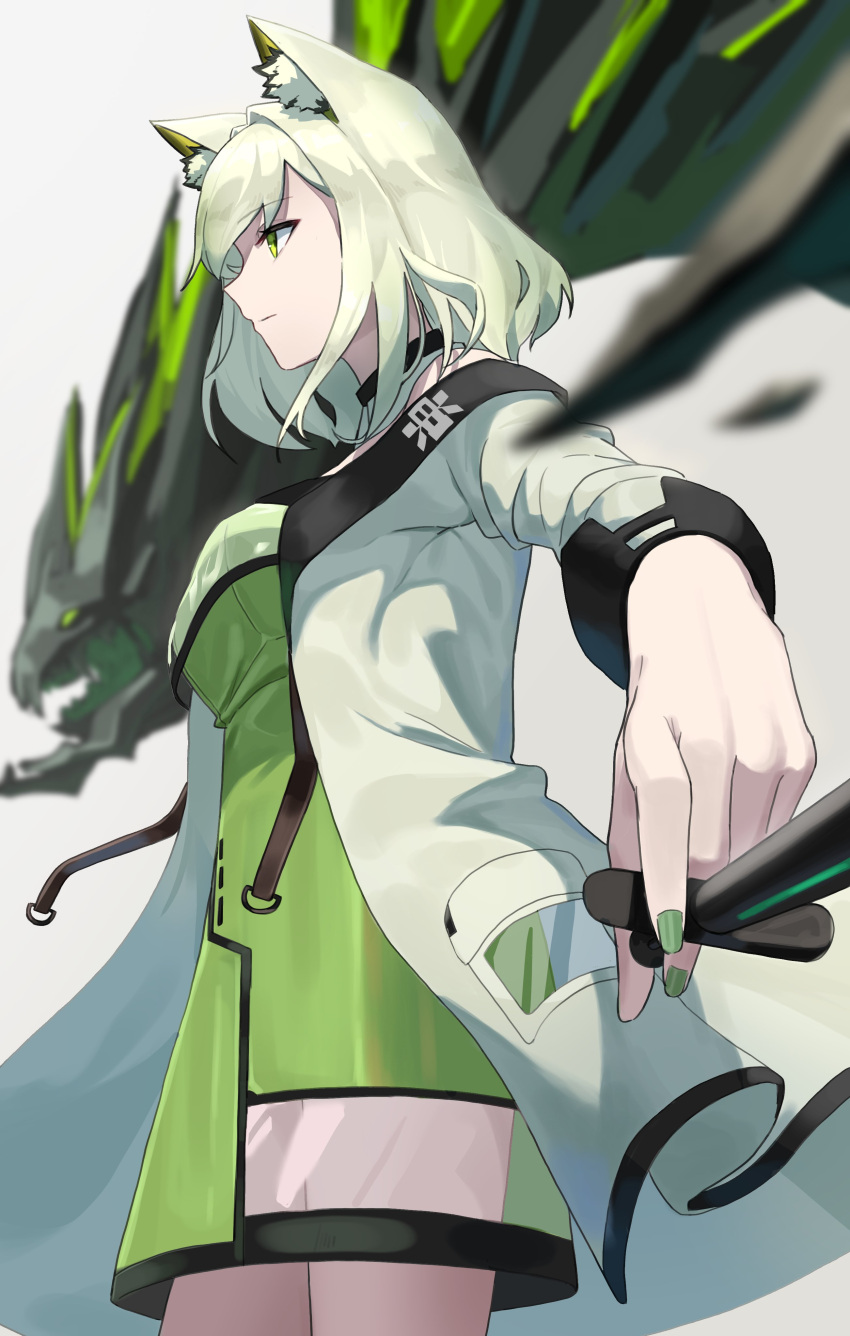 1girl, absurdres, arknights, cowboy_shot, from_side, green_eyes, green_hair, green_nails