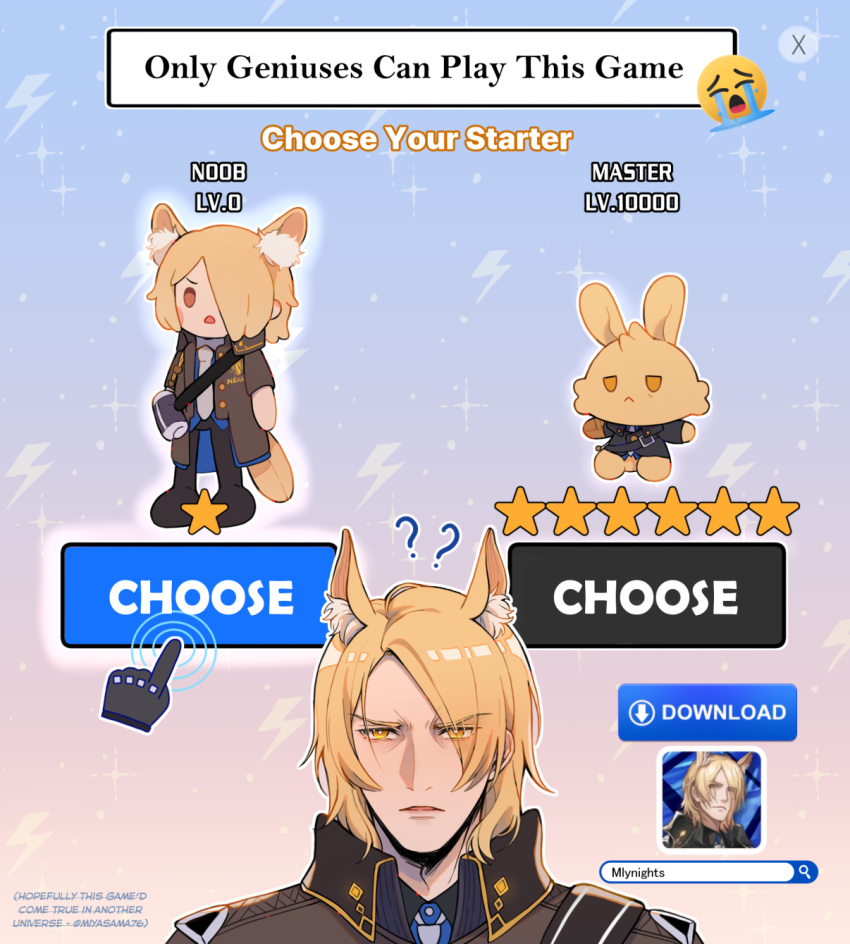 1boy, amiya_(arknights), arknights, blonde_hair, chibi, crying_emoji, emoji, english_text