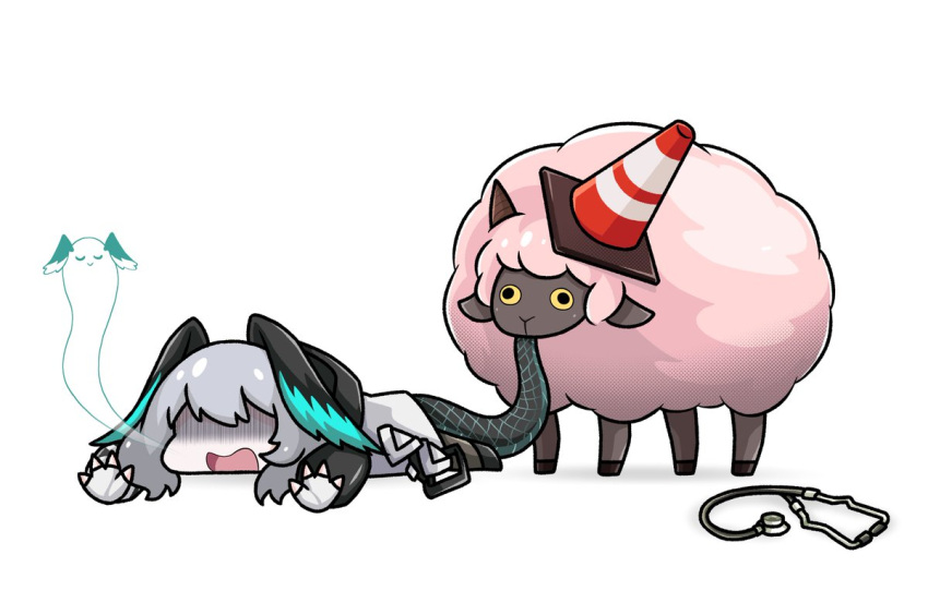 1girl, arknights, biting, ho'olheyak_(arknights), mumei518, open_mouth, reptile_girl, sheep, simple_background, solo, stethoscope, traffic_cone, white_background