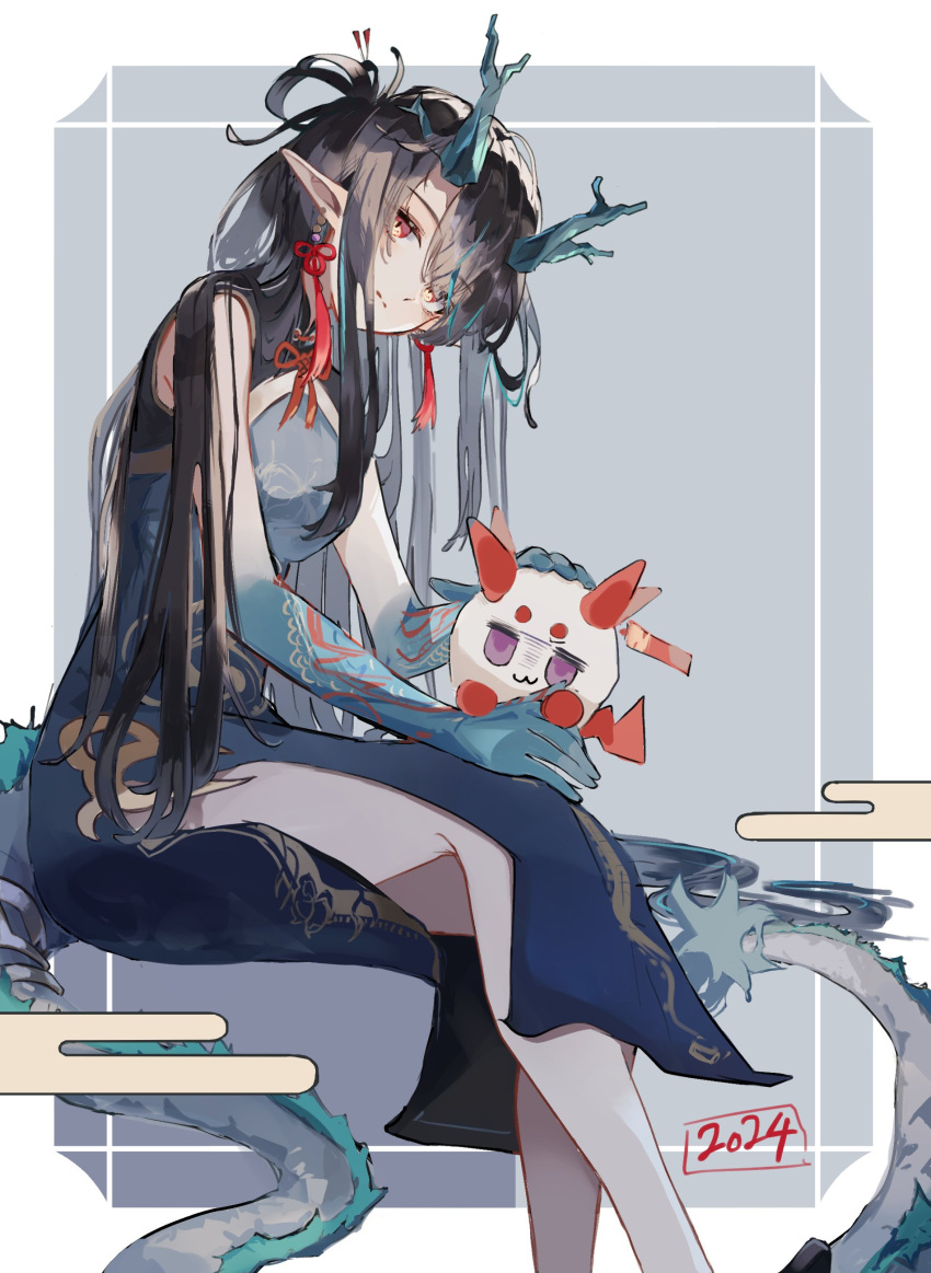1girl, 2024, absurdres, arknights, black_hair, china_dress, chinese_clothes, dragon_girl, dragon_horn, dress, dusk_(arknights), highres, looking_at_viewer, pointy_ears, sitting, solo, tattoo, units_lustil, yellow_eyes