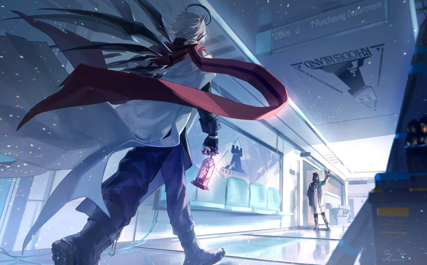 1boy, 1other, absurdres, arknights, black_gloves, doctor_(arknights), executor_(arknights), full_body
