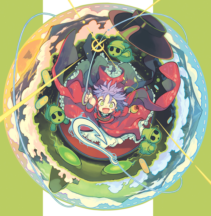 1girl, :d, absurdres, blush_stickers, bowl, clouds, frills, hat