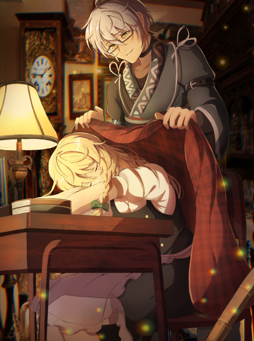 1boy, 1girl, absurdres, apron, arm_belt, black-framed_eyewear, black_choker, black_dress, black_kimono, black_shirt, blanket, blonde_hair, book, book_stack, bow, braid, chair, choker, chromatic_aberration, closed_eyes, closed_mouth, covering_with_blanket, desk, desk_lamp, dress, elbows_on_table, film_grain, frilled_apron, frilled_dress, frills, glasses, green_bow, hair_between_eyes, head_on_table, highres, holding, holding_blanket, indoors, japanese_clothes, kimono, kirisame_marisa, lamp, long_hair, long_sleeves, looking_at_another, morichika_rinnosuke, mot_(gnun2235), photo_background, pinafore_dress, plaid, puffy_short_sleeves, puffy_sleeves, rectangular_eyewear, semi-rimless_eyewear, shirt, short_hair, short_sleeves, side_braid, sitting, sleeping, sleeveless, sleeveless_dress, smile, standing, touhou, under-rim_eyewear, undershirt, white_apron, white_shirt, wide_sleeves