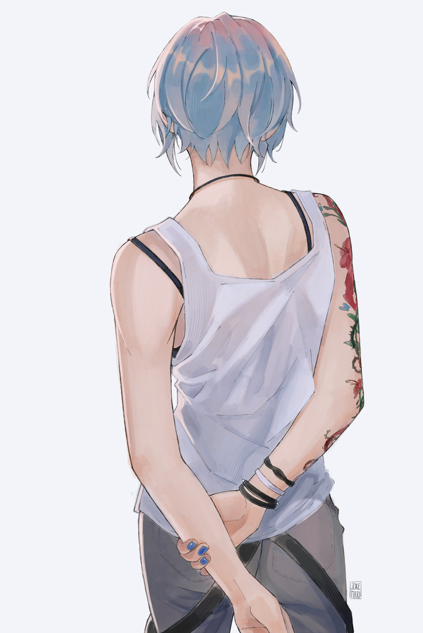 1girl, arm_tattoo, arms_behind_back, back, back_focus, blue_hair, blue_nails, bracelet