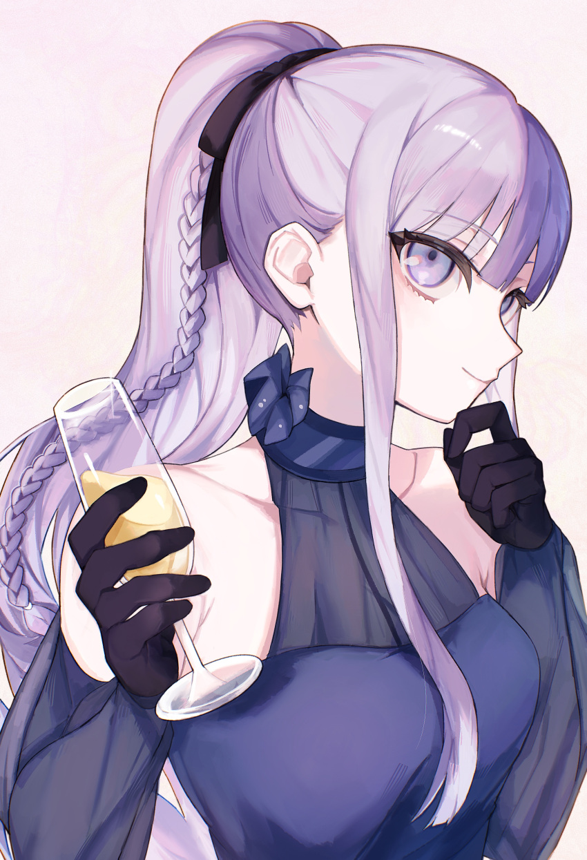 1girl, absurdres, black_gloves, black_ribbon, braid, breasts, cup, danganronpa:_trigger_happy_havoc