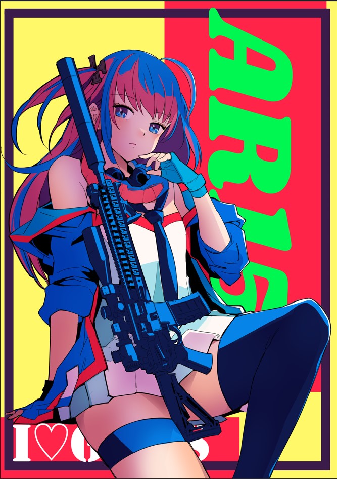 1girl, ar-15, black_necktie, black_thighhighs, blue_eyes, character_name, girls_frontline, gloves