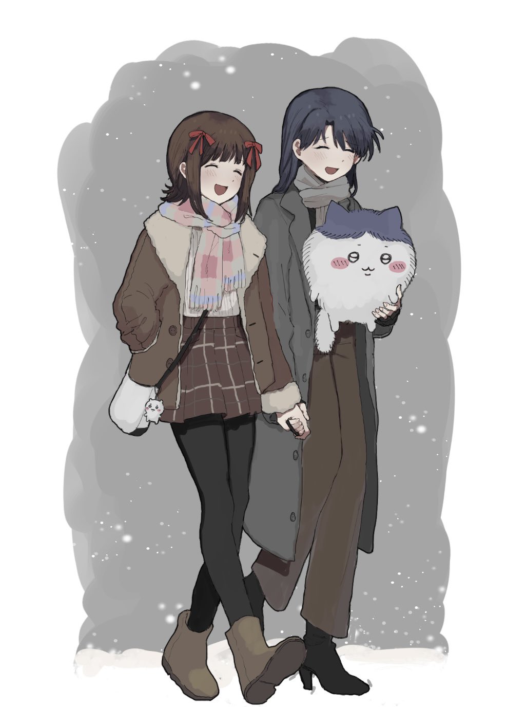 2girls, 8_8ghost, amami_haruka, bag, black_footwear, black_pantyhose, blue_hair, boots