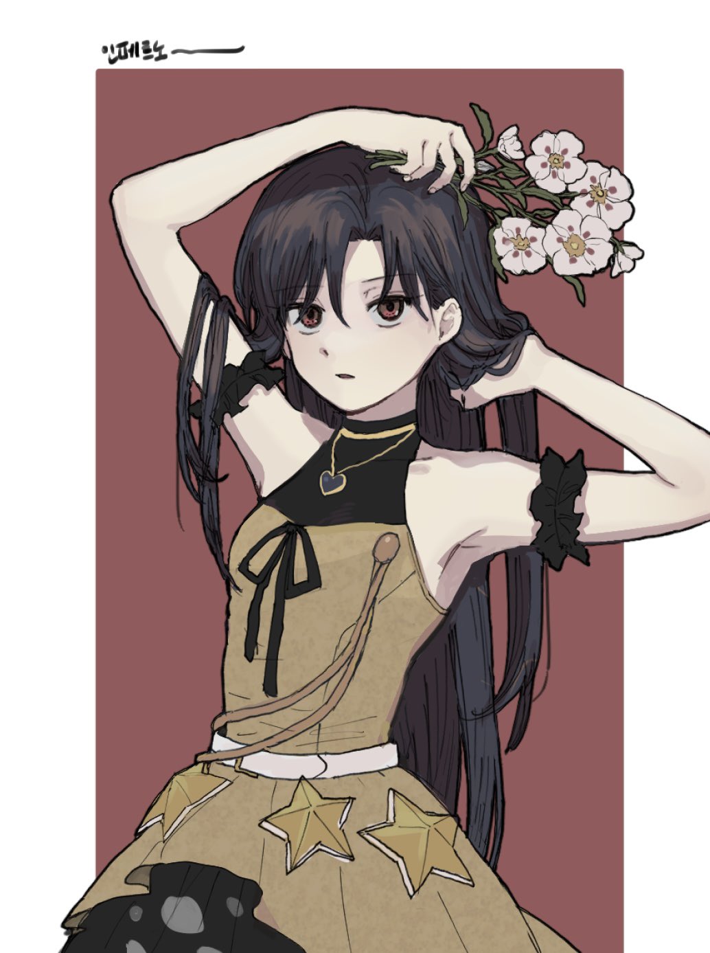 1girl, 8_8ghost, adjusting_hair, arm_above_head, armband, armpits, bare_shoulders, belt, black_armband, blue_hair, border, bouquet, breasts, brown_dress, collarbone, cowboy_shot, dress, expressionless, eyelashes, frilled_armband, frills, heart, heart_necklace, highres, holding, holding_bouquet, idolmaster, idolmaster_(classic), idolmaster_million_live!, idolmaster_million_live!_theater_days, jewelry, kisaragi_chihaya, long_hair, necklace, parted_lips, red_background, red_eyes, sleeveless, sleeveless_dress, small_breasts, solo, star_(symbol), straight_hair, swept_bangs, very_long_hair, white_belt, white_border