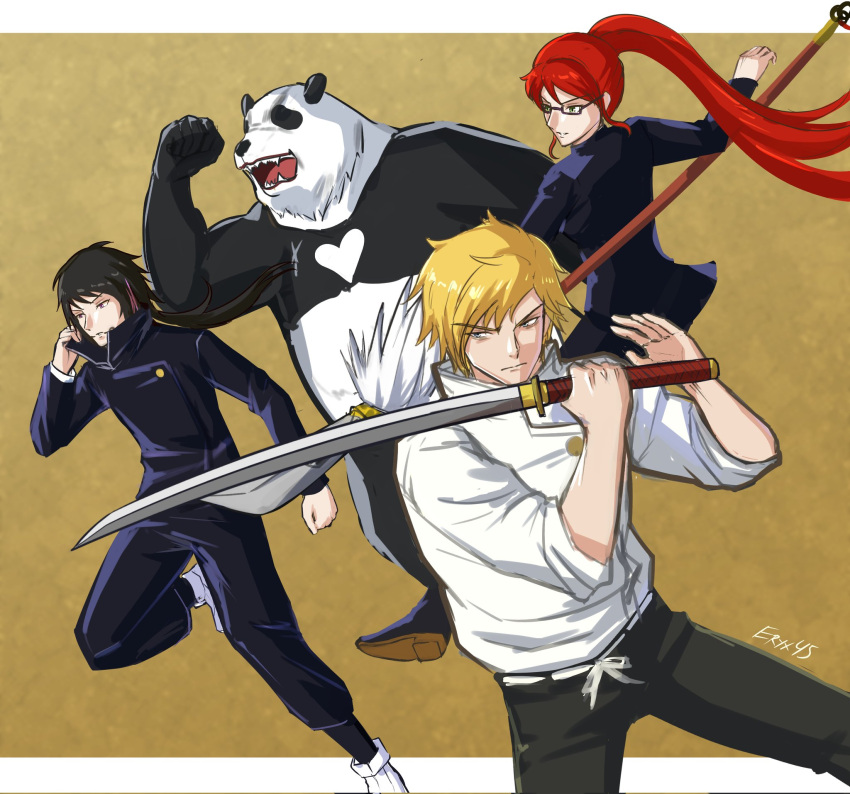 animal_costume, black_jacket, black_pants, blonde_hair, cosplay, crossover, glasses, highres, inumaki_toge, inumaki_toge_(cosplay), jacket, jaune_arc, jujutsu_kaisen, katana, lie_ren, long_sleeves, nora_valkyrie, okkotsu_yuuta, okkotsu_yuuta_(cosplay), panda_(jujutsu_kaisen), panda_(jujutsu_kaisen)_(cosplay), panda_costume, pants, pyrrha_nikos, redhead, rwby, short_hair, sword, weapon, white_footwear, white_jacket, zen'in_maki, zen'in_maki_(cosplay)