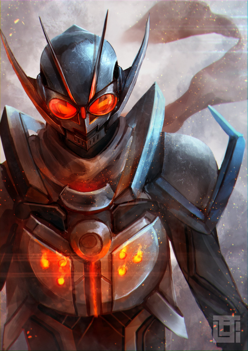 1boy, absurdres, armor, artist_logo, blue_armor, body_armor, commentary_request, compound_eyes