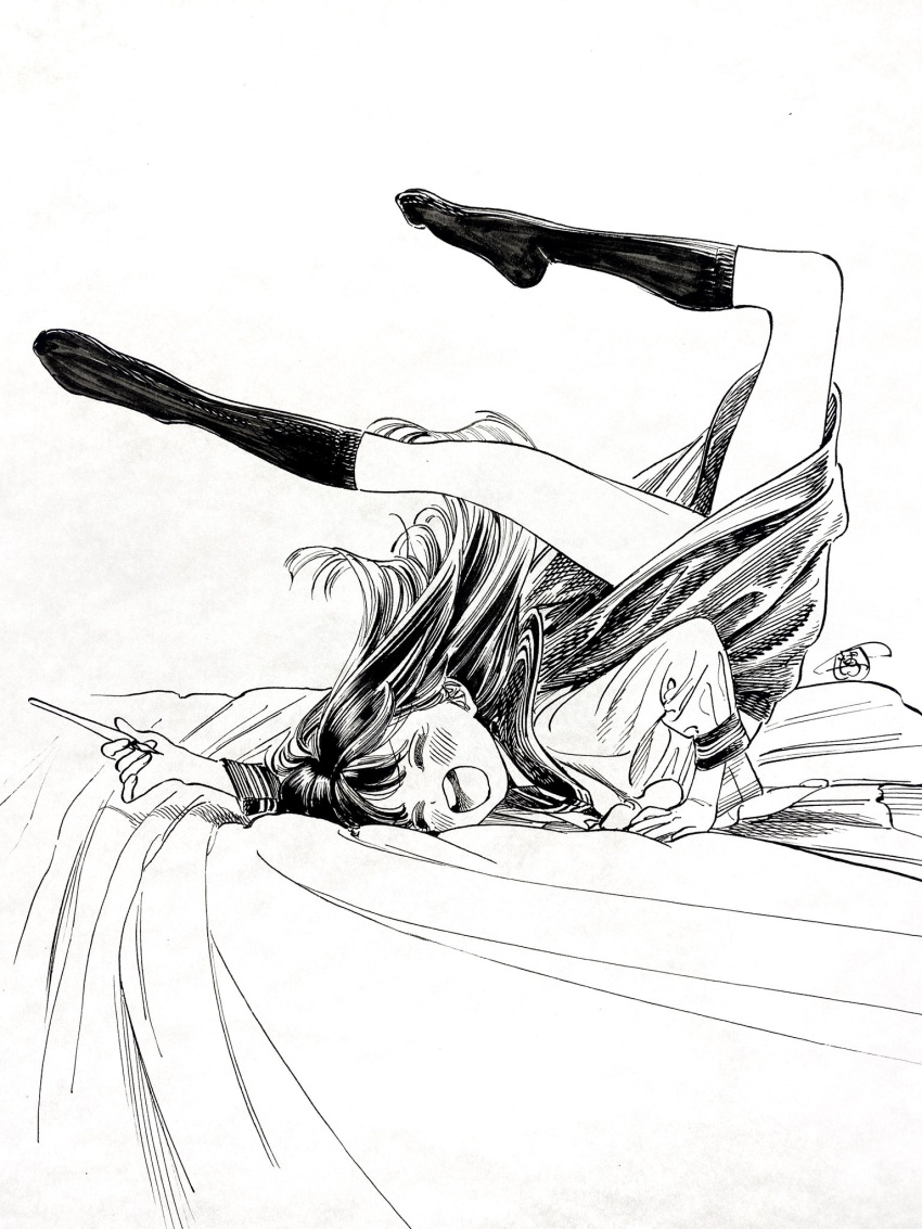 1girl, akebi-chan_no_serafuku, akebi_komichi, blush, closed_eyes, commentary, floating_hair, greyscale, happy, hatching, highres, hiro_(dismaless), jumping_on_bed, kneehighs, long_hair, long_sleeves, monochrome, nib_pen_(medium), nib_pen_(object), on_bed, open_mouth, pen, sailor_collar, school_uniform, serafuku, signature, simple_background, skirt, socks, solo, teeth, traditional_media, upper_teeth_only
