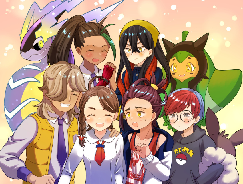 2boys, 4girls, :d, arven_(pokemon), backpack, bag, black_hair, blush