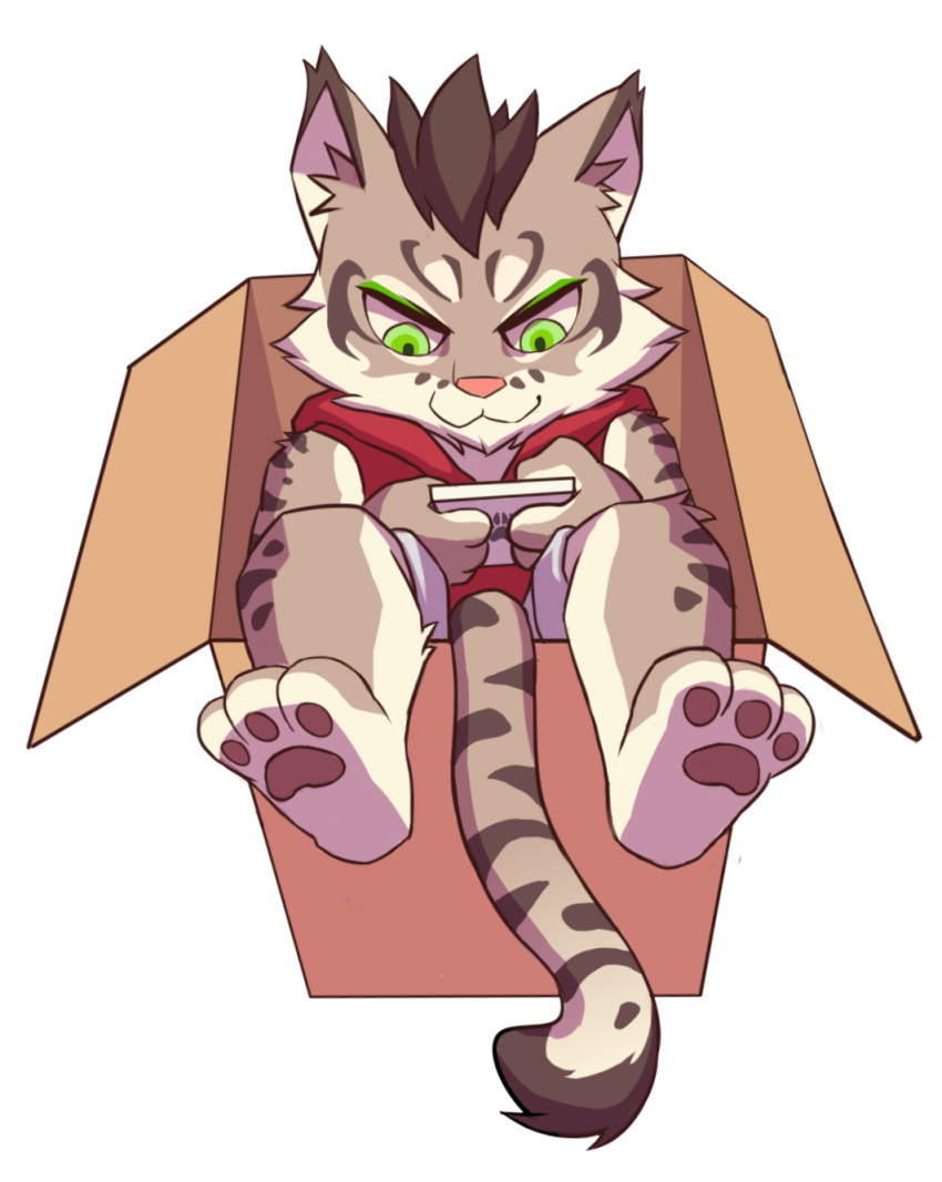 1boy, :3, animal_feet, animal_hands, box, cardboard_box, cellphone, curb-chain, furry, furry_male, green_eyes, highres, holding, holding_phone, nekojishi, pawpads, phone, playing_games, shu_chi_(nekojishi), smartphone, tiger_boy