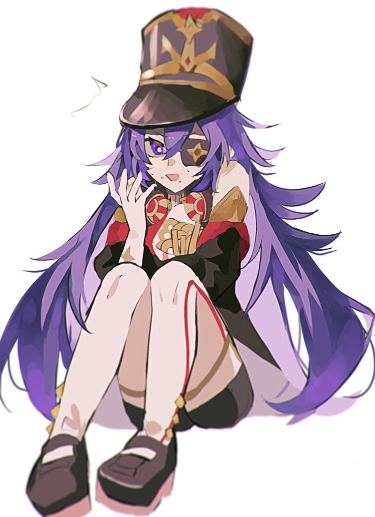 1girl, anemonelove, black_headwear, boots, chevreuse_(genshin_impact), commentary_request, detached_sleeves, eyepatch