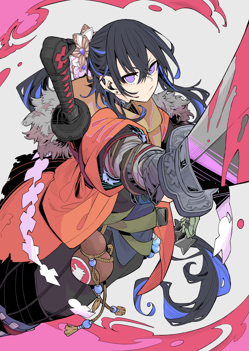 1girl, absurdly_long_hair, absurdres, black_hair, blue_hair, commentary_request, ear_piercing, fur-trimmed_jacket