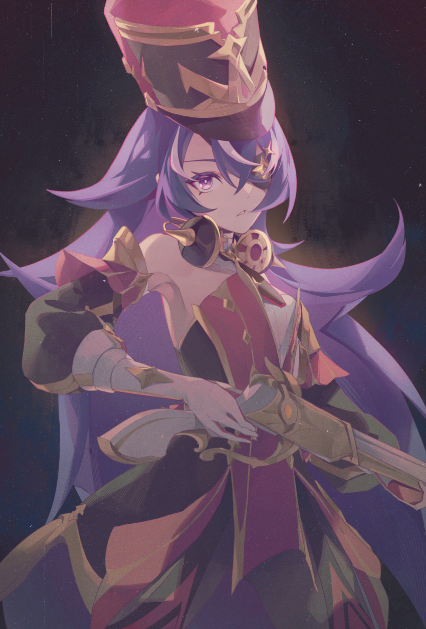1girl, absurdres, antique_firearm, bare_shoulders, black_background, black_necktie, chevreuse_(genshin_impact), commentary, cowboy_shot, detached_collar, detached_sleeves, dress, earmuffs, earmuffs_around_neck, eyepatch, genshin_impact, gloves, gold_trim, gun, hat, highres, holding, holding_gun, holding_weapon, long_hair, looking_at_viewer, mole, mole_under_mouth, multicolored_hair, necktie, parted_lips, pointy_hair, puffy_detached_sleeves, puffy_sleeves, purple_hair, rifle, shako_cap, solo, standing, strapless, strapless_dress, streaked_hair, two-tone_hair, very_long_hair, violet_eyes, wamo_(waamo_0322), weapon, white_gloves, white_hair
