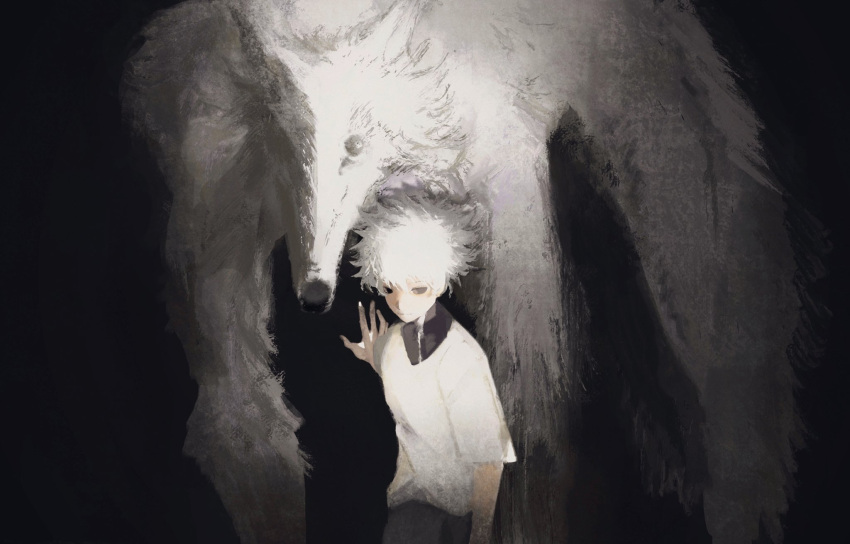 1boy, animal, black_background, black_shirt, child, dog, hand_up, highres