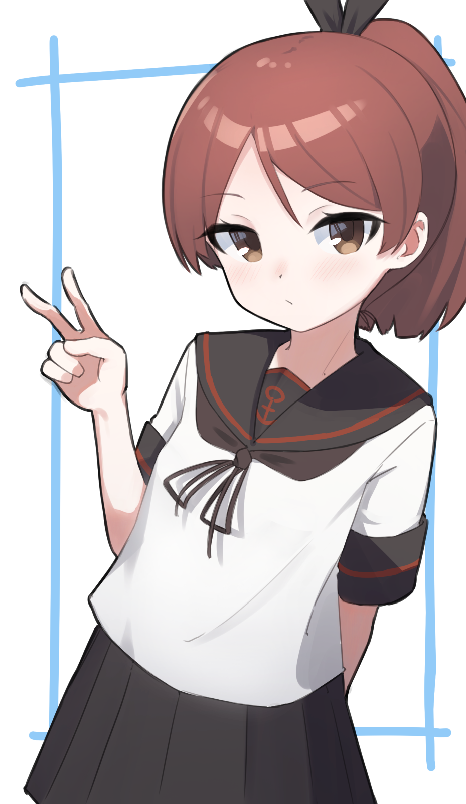 1girl, anchor_symbol, arm_behind_back, black_sailor_collar, black_skirt, brown_eyes, brown_hair, closed_mouth