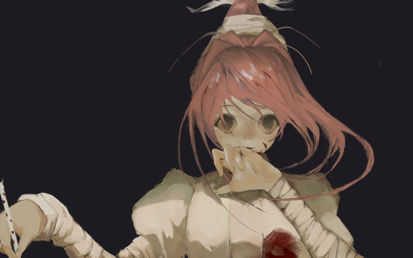 arm_wrap, bandaged_arm, bandages, blood, blood_on_clothes, blood_on_face, hair_ornament, hand_to_own_mouth