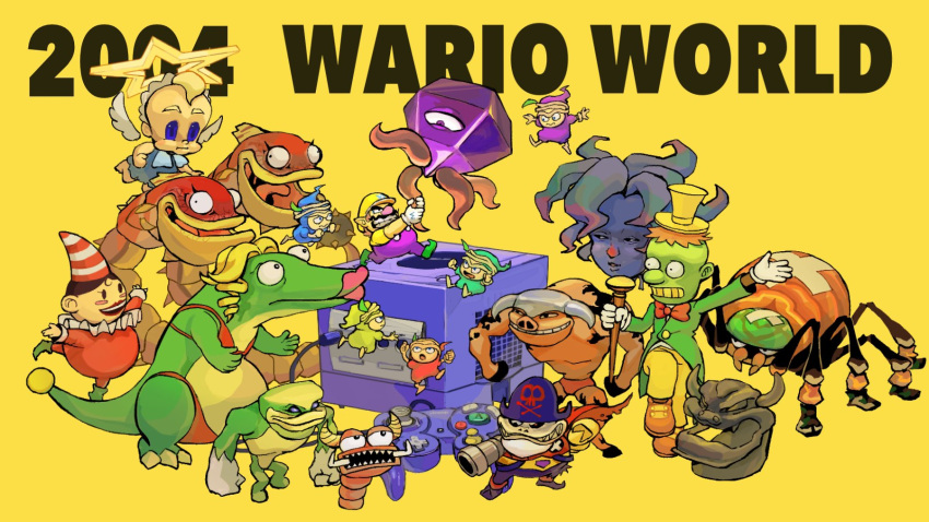 1girl, 6+boys, :o, arm_cannon, arm_up, arms_up, bandaid, beard, bicorne, bikini, black_jewel, blonde_hair, blue_eyes, blue_headwear, bow, bowtie, brawl_doll, brown_footwear, brown_hair, bug, cable, cane, cape, captain_skull, claws, clenched_hands, clenched_teeth, clown-a-round, colored_skin, commentary, controller, copyright_name, crossed_bandaids, dated, detached_wings, dinomighty, doll, dragon, drill_hair, dual_dragon, english_commentary, facial_hair, feathered_wings, game_console, game_controller, gamecube, gamecube_controller, gem, gloves, green_footwear, green_headwear, green_jacket, green_skin, greenfist, grin, halo, hat, highres, holding, holding_cane, hooves, horns, ironsider, jacket, leg_up, lips, looking_at_another, mean_emcee, multiple_boys, mustache, one-eyed, open_mouth, overalls, pants, pirate_hat, pointy_ears, purple_gemstone, purple_headwear, purple_overalls, purple_pants, red-brief_j, red_bikini, red_bow, red_bowtie, red_cape, red_headwear, red_lips, rinabee_(rinabele0120), sandworm_(wario_world), sharp_teeth, shirt, shoes, short_hair, short_sleeves, simple_background, skull_print, smile, spider, spideraticus, spikes, spriteling, standing, standing_on_one_leg, star_(symbol), star_halo, striped_clothes, striped_headwear, super_mario_bros., swimsuit, t-shirt, teeth, tentacles, tongue, top_hat, torn_cape, torn_clothes, violet_eyes, wario, wario_world, weapon, white_gloves, white_headwear, white_wings, wings, winter_windster, yellow_background, yellow_headwear, yellow_horns, yellow_pants, yellow_shirt