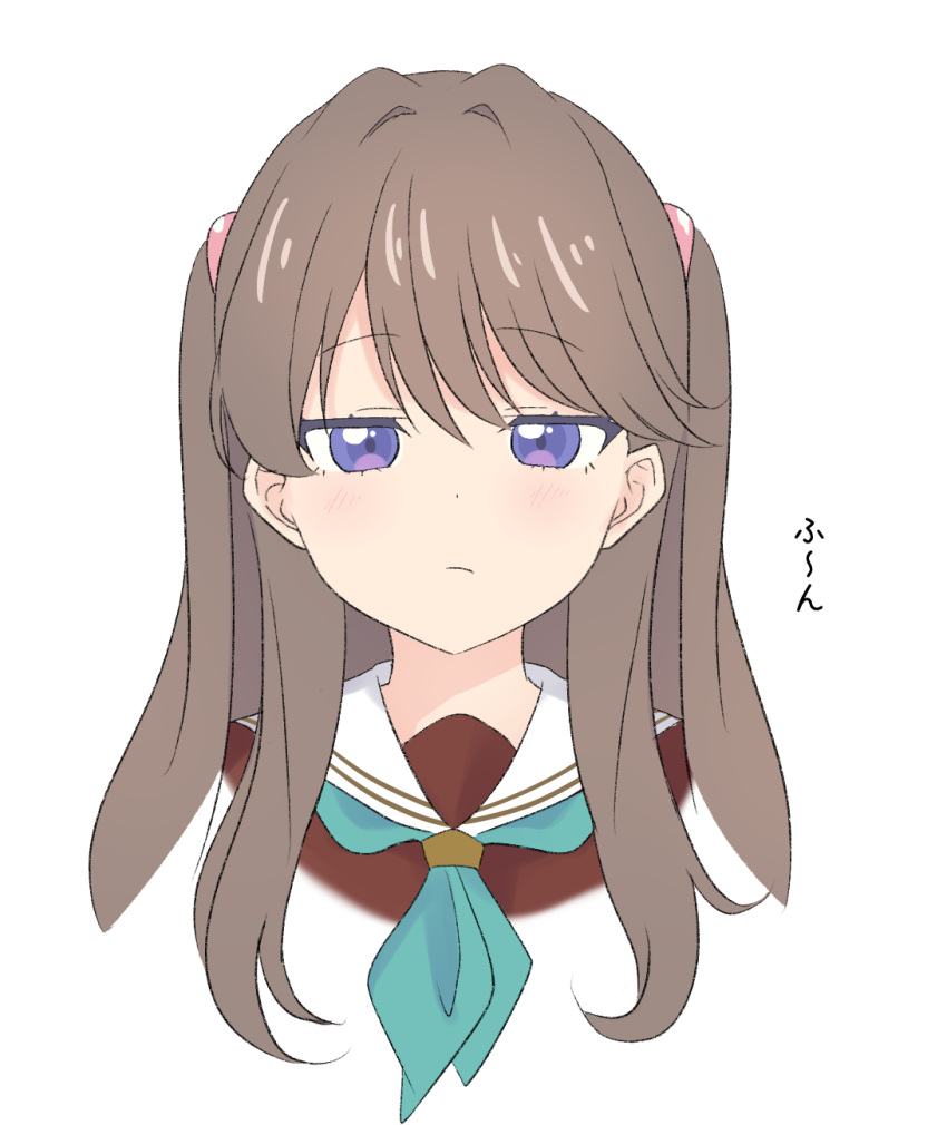 1girl, aqua_neckerchief, brown_dress, brown_hair, closed_mouth, cropped_shoulders, dress, fujishima_megumi