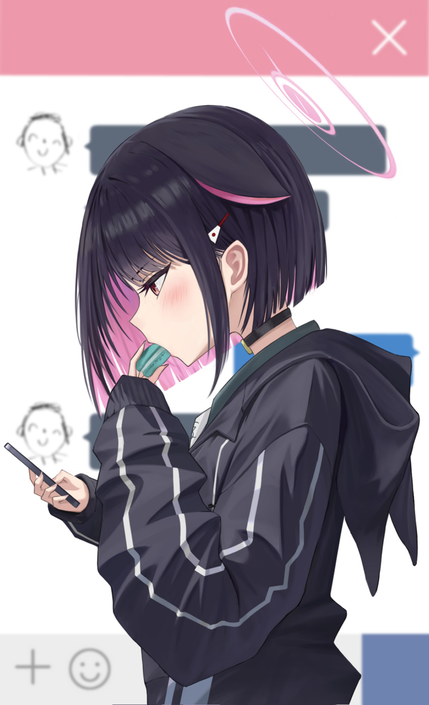1girl, animal_ear_hood, animal_ears, black_choker, black_hair, black_hoodie, blue_archive, blush, cat_ears, cat_girl, choker, colored_inner_animal_ears, colored_inner_hair, eating, extra_ears, food, hair_ornament, hairclip, halo, highres, hood, hooded_jacket, hoodie, jacket, kazusa_(blue_archive), long_sleeves, looking_at_phone, macaron, medium_hair, multicolored_hair, phone, pink_eyes, pink_hair, pink_halo, puya_(pixiv_61322484), solo, text_messaging, two-tone_hair