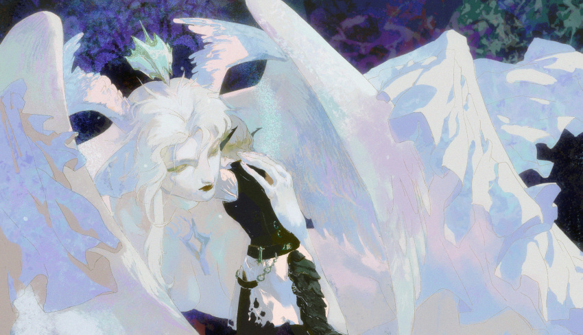 2girls, absurdres, au_ra, belt, black_lips, black_vest, blonde_hair, colored_skin, covered_face, dragon_horns, dragon_tail, expressionless, feathered_wings, final_fantasy, final_fantasy_xiv, fins, floating_headgear, from_side, giant, giantess, half-closed_eyes, hand_on_another's_back, head_fins, head_wings, headgear, headpiece, highres, horns, hug, hydaelyn, lying, multiple_girls, multiple_wings, muraena_(joyfulmuraena), on_stomach, parted_bangs, shirt, short_hair, size_difference, skirt, standing, tail, torn_clothes, torn_skirt, vest, warrior_of_light_(ff14), white_hair, white_shirt, white_skin, white_skirt, white_wings, wings