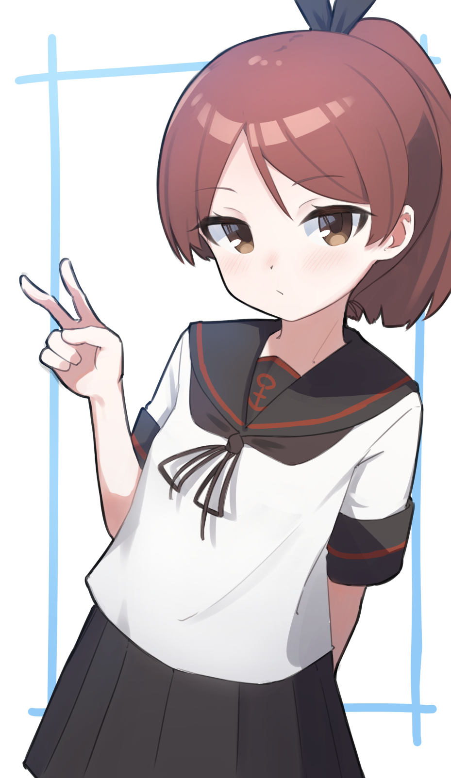 1girl, anchor_symbol, arm_behind_back, black_sailor_collar, black_skirt, brown_eyes, brown_hair, closed_mouth