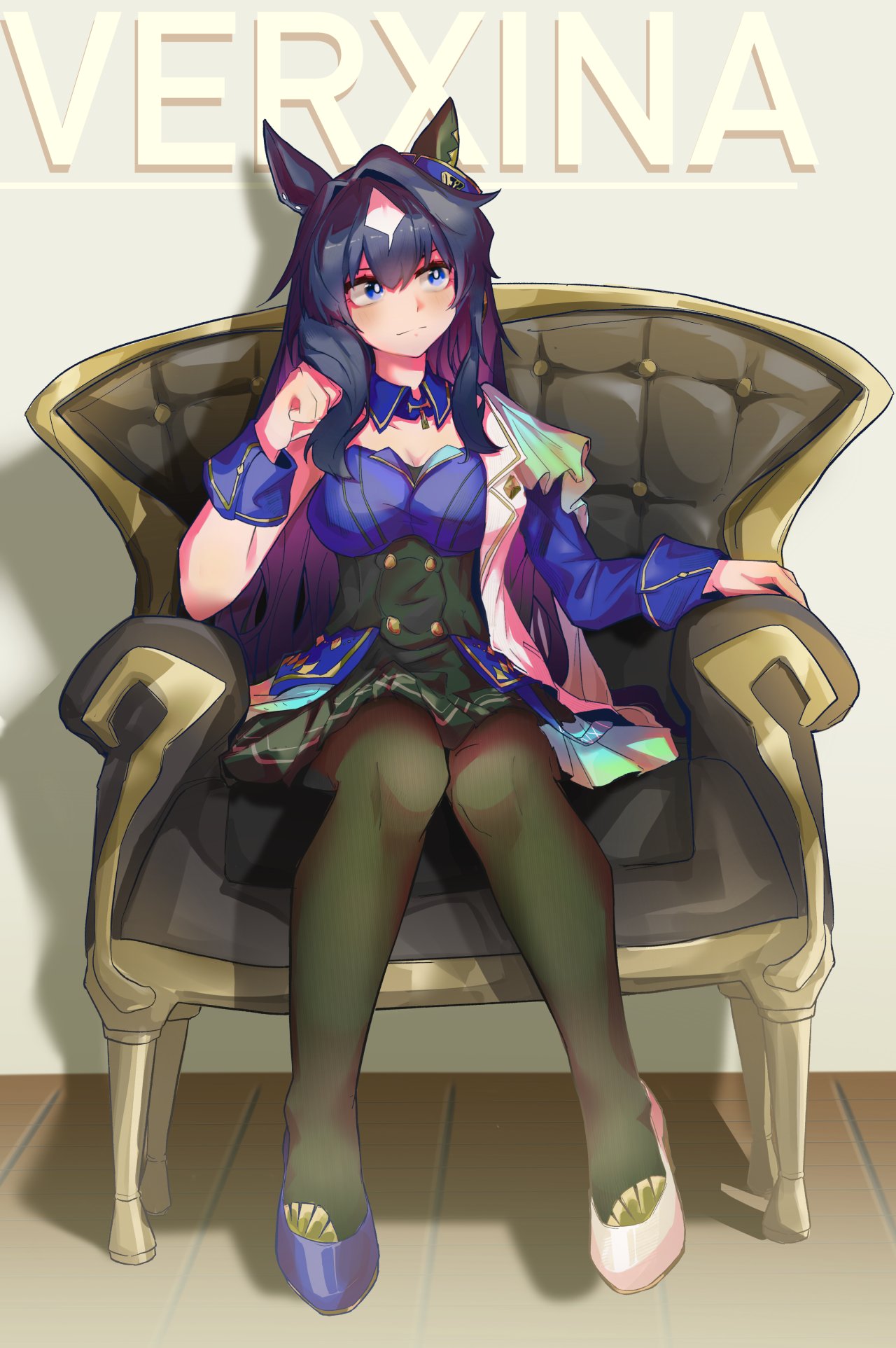 1girl, animal_ears, asymmetrical_footwear, black_hair, black_pantyhose, blue_eyes, blue_footwear, blue_hair