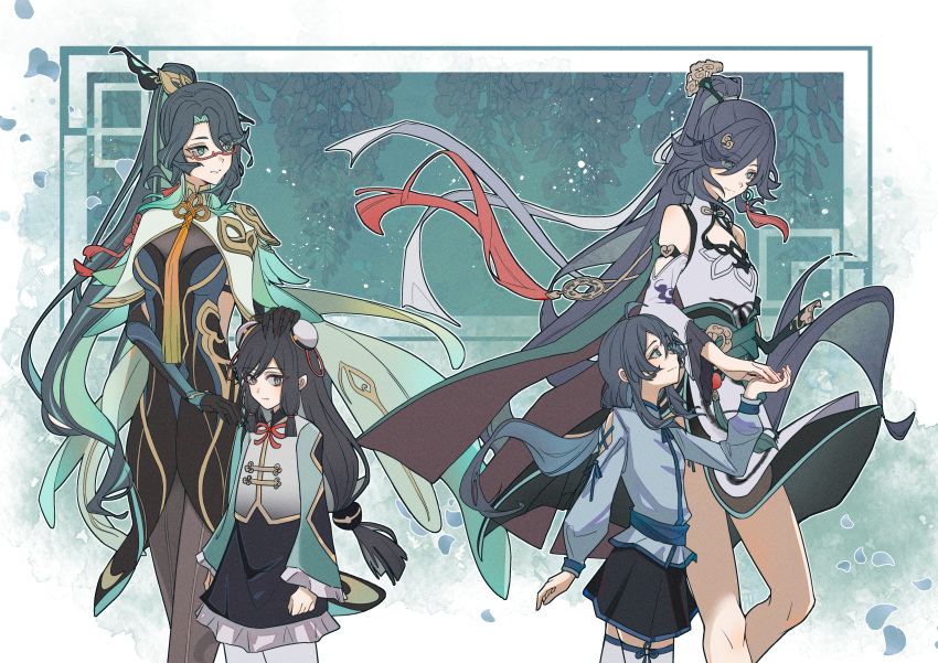4girls, absurdres, aged_down, ahoge, aqua_cape, aqua_eyes, aqua_hair, bare_shoulders, bird_hair_ornament, black_dress, black_gloves, black_hair, black_skirt, blue_eyes, blue_hair, blue_shirt, bun_cover, cape, cheng_lixue, china_dress, chinese_clothes, cleavage_cutout, clothing_cutout, cloud_retainer_(genshin_impact), commentary_request, cowboy_shot, detached_sleeves, double_bun, dress, earrings, feet_out_of_frame, fu_hua, fu_hua_(azure_empyrea), genshin_impact, glasses, gloves, grey_eyes, grey_hair, hair_bun, hair_ornament, hair_over_one_eye, hairpin, hand_on_another's_head, hanfu, height_difference, high_ponytail, highres, honkai_(series), honkai_impact_3rd, jewelry, long_hair, looking_at_another, low-tied_long_hair, mimkmo, miniskirt, multiple_girls, paintbrush, paintbrush_hair_ornament, pantyhose, pleated_sleeves, ponytail, red-framed_eyewear, shenhe_(genshin_impact), shirt, shoulder_cutout, single_earring, skirt, standing, tassel, tassel_earrings, very_long_hair, white_dress, white_pantyhose, wide_sleeves, xianyun_(genshin_impact), yin_yang