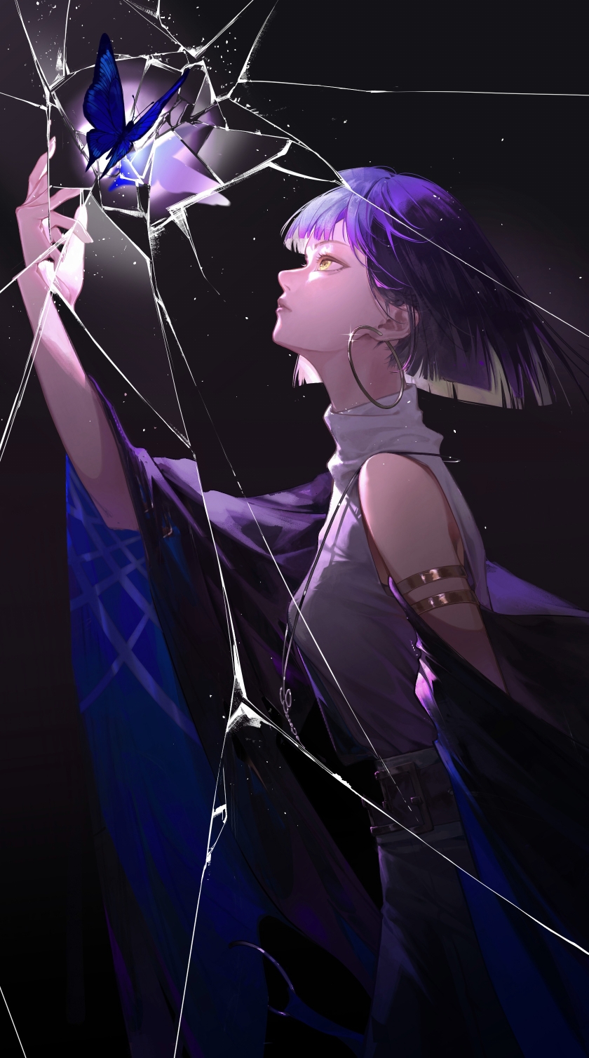 1girl, black_skirt, blue_butterfly, blunt_bangs, blunt_ends, breasts, broken_glass, bug, butterfly, chinese_commentary, colored_inner_hair, commentary, detached_sleeves, dim_lighting, earrings, from_side, glass, hand_up, high-waist_skirt, highres, hoop_earrings, jewelry, light_particles, lisa_(path_to_nowhere), looking_at_animal, looking_up, medium_breasts, multicolored_hair, necklace, path_to_nowhere, profile, purple_hair, purple_sleeves, shirt, short_hair, skirt, sleeveless, sleeveless_shirt, solo, turtleneck_shirt, two-sided_fabric, white_hair, white_shirt, wide_sleeves, yellow_eyes, zhuling