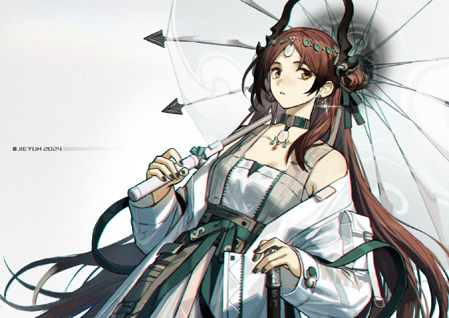 1girl, arknights, brown_hair, earrings, five-fall, hair_ornament, holding, holding_umbrella