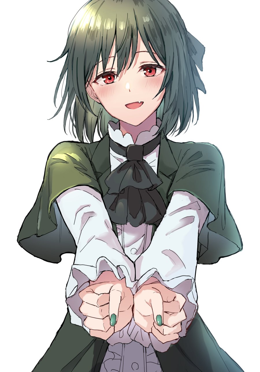 1girl, ascot, black_ascot, blush, center_frills, collar, dress, fang