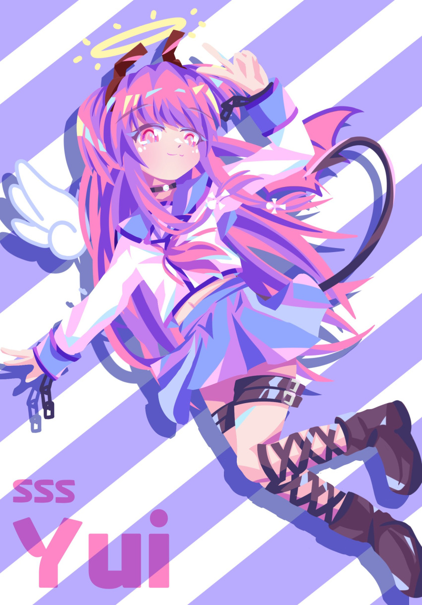 1girl, :3, angel_and_devil, angel_beats!, angel_wings, black_ribbon, blue_sailor_collar, blue_skirt