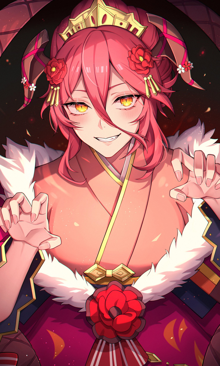 1girl, absurdres, black_background, blush, breasts, claw_pose, dragalia_lost, dragon_girl