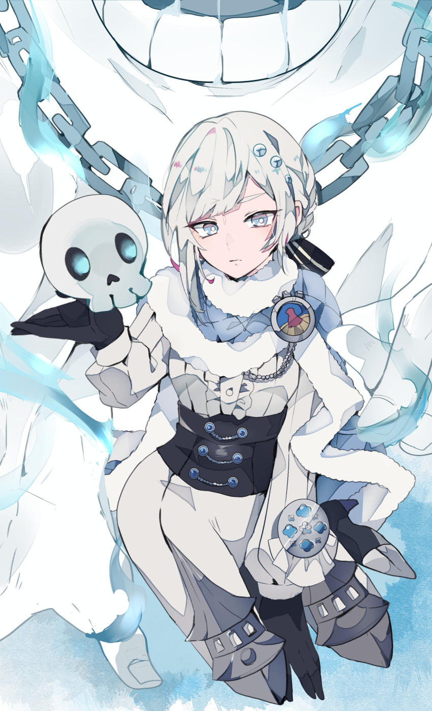 1girl, absurdres, akershus_fortress_(oshiro_project), badge, black_corset, black_gloves, blue_cape, blue_cloak